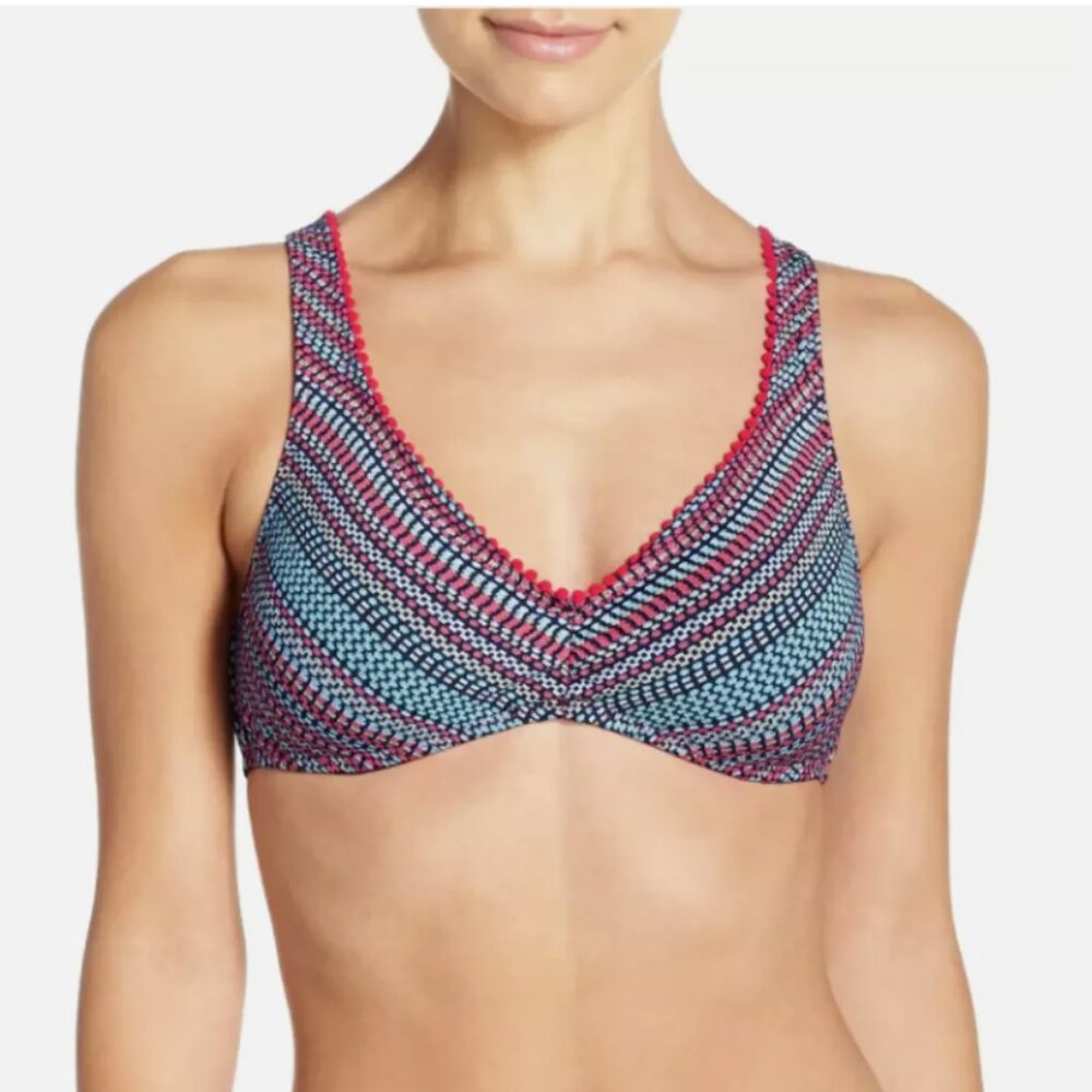 👙Lucky Brand Mosaic Crossback Multicolor PomPom Trim Bandeau Bikini Top👙